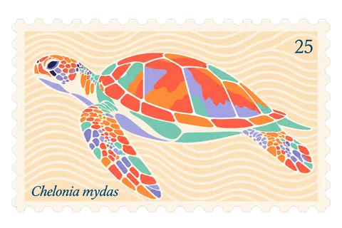 Sello postal ilustrado con una tortuga marina en mosaico de colores